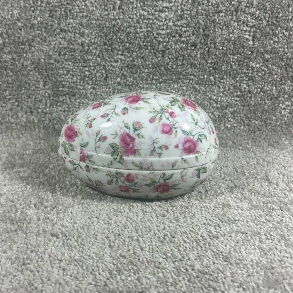 Trinket Box White Pink Rose Floral Egg Shaped Porcelain Japan Vintage